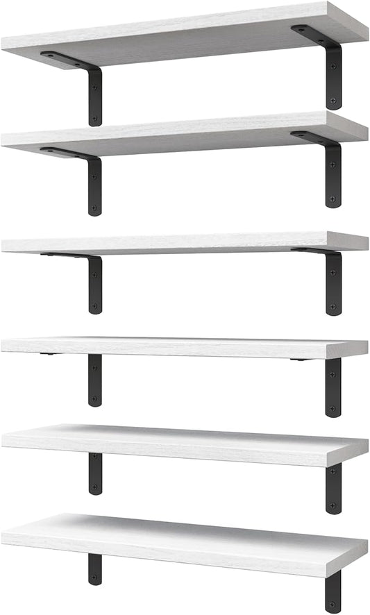 WOPITUES Set of 6 White Floating Wall Shelves - Modern Decor for Bedroom, Bathroom, Living Room [Upgraded]