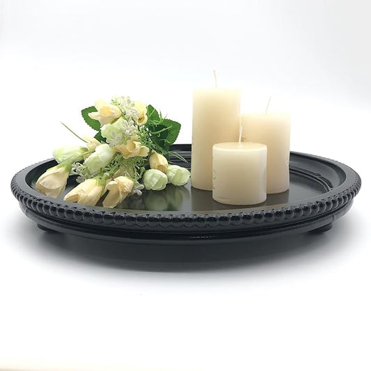 Round Wood Decorative Tray, Small Beaded Tray for Dresser Coffee Table Kitchen Corner Dinning Table, Modern Round Wooden Tray for Centerpiece (Black, 13.4''X13.4'')