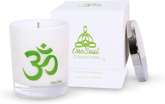 White Tea Ginger Aromatherapy Scented Candles, Luxury Spicy Lemony Citrus Yoga Candles for Home Scented with Om Design, Hand-Poured Soy Candles, 50 Hours Burning Time, 7.6 oz. - OneSoul Collection