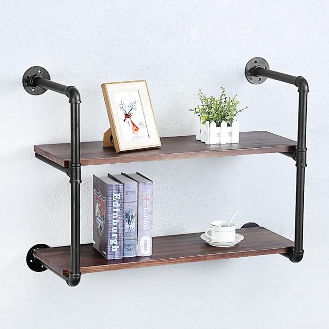 Industrial Pipe Shelving Wall Mounted,30in Rustic Metal Floating Shelves,Steampunk Real Wood Book Shelves,Wall Shelf Unit Bookshelf Hanging Wall Shelves,Farmhouse Kitchen Bar Shelving(2 Tier)