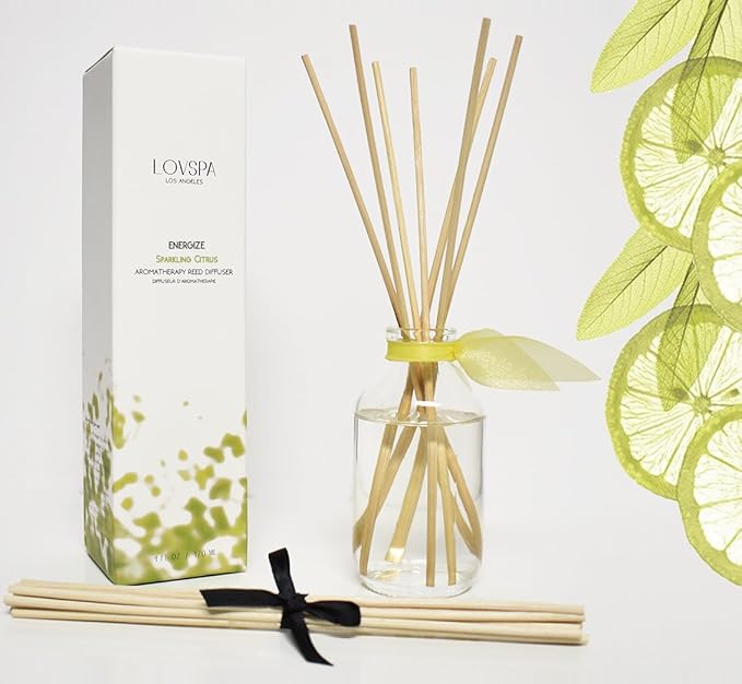 LOVSPA Sparkling Citrus Scented Sticks Reed Diffuser Set - Energize - A Spring Scent of Bright Lemons & Fresh Greens - Citrus, Sage & Sandalwood - Best Birthday Gift Idea!