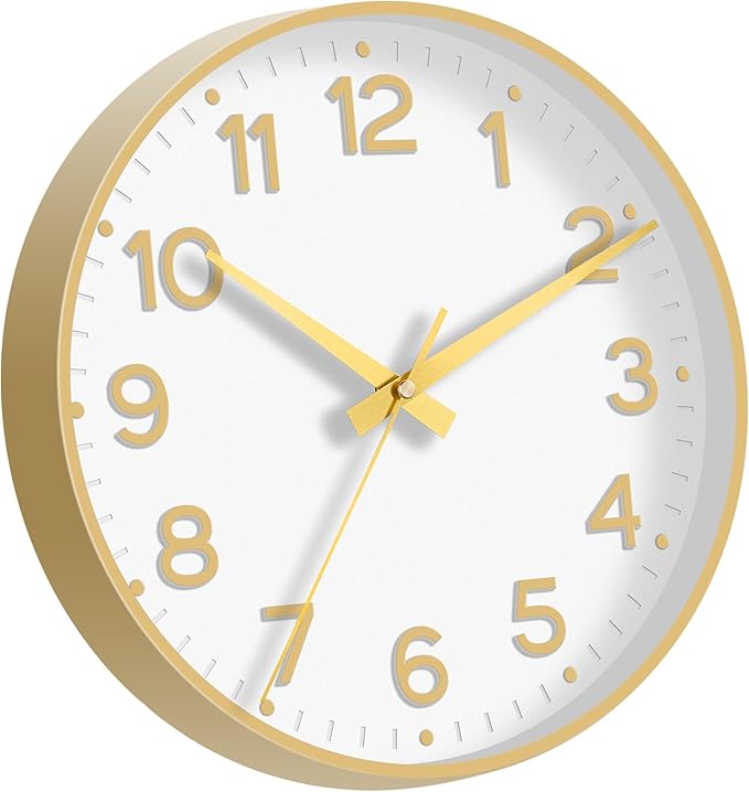 Wall Clock, 10 Inch Silent Wall Clocks Battery Operated-Modern Non Ticking Analog Clock Decorative for Kitchen Bedroom Office Bathroom(White Gold)
