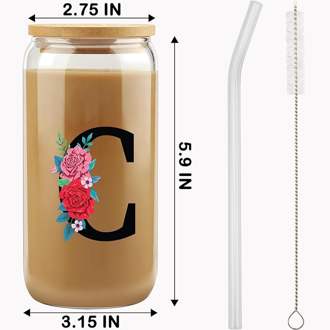 Gifts for Women, 16OZ Initial Glass Cups w/Lid Straw, Flower Tumbler, Aesthetic Cup, Monogrammed Iced Coffee Cup, Mother's Day, Birthday, Summer Break Gifts for Mom Daughter Sister Friend - Letter C
