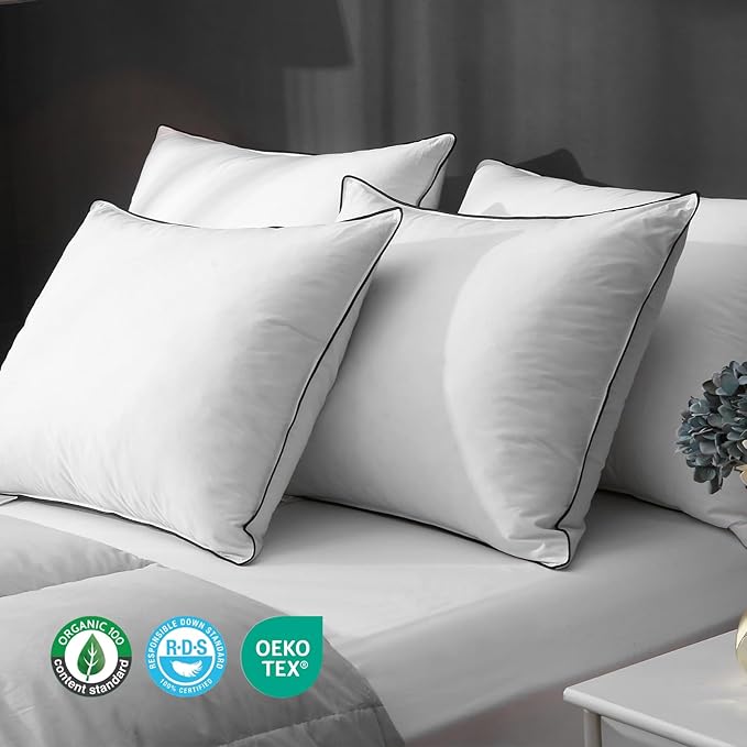 Hotel Feather Pillows Standard Size Set of 2, Hybrid Goose Down Pillow Composite with Mef tek™ Memory Foam, Firm Bed Pillows with Organic Cotton Cover (White,20"x26")