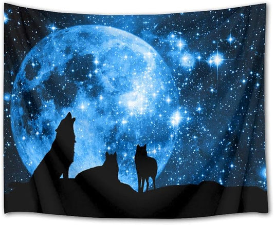 HVEST Wolf Tapestry Wolves on Mountain Wall Hanging Full Moon in Starry Sky Tapestries for Kids Bedroom Living Room Dorm Party Wall Decor,59Wx51H inches