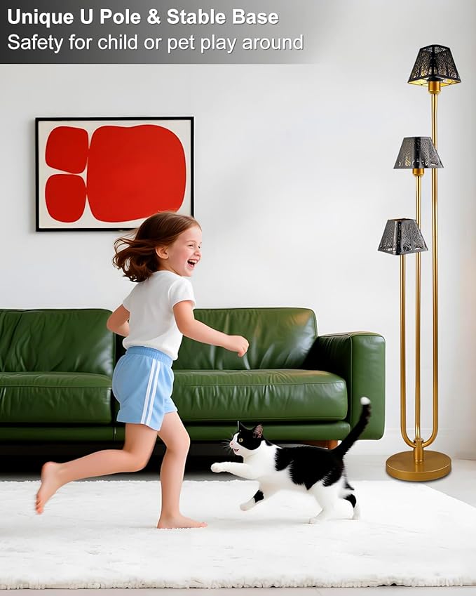 63IN Gold Floor Lamp, Unique 3 Poles Tall Standing Lamps with Metal Shade, 3000K Warmwhite Mid Century Modern Floor Lamp for Living Room Home Office(Bulbs Included)