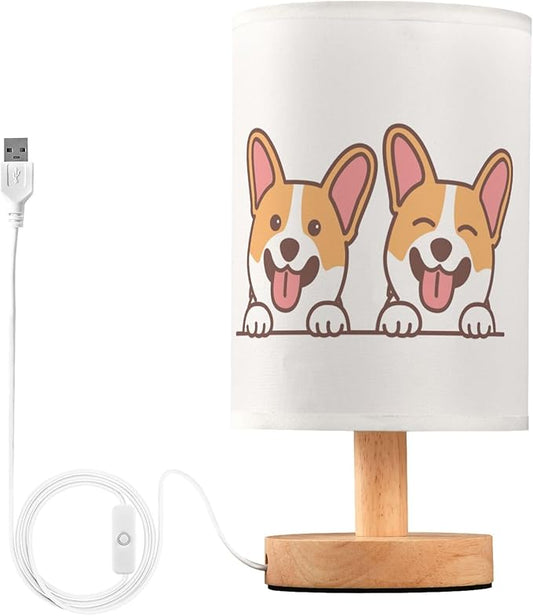 Table Lamp Cute Corgi Dog Smiling Cartoon Animal Nightstand Lamp with Wood Base Fabric Lamp Shade Bedside Desk Lamp for Living Room Bedroom Kids Room Office