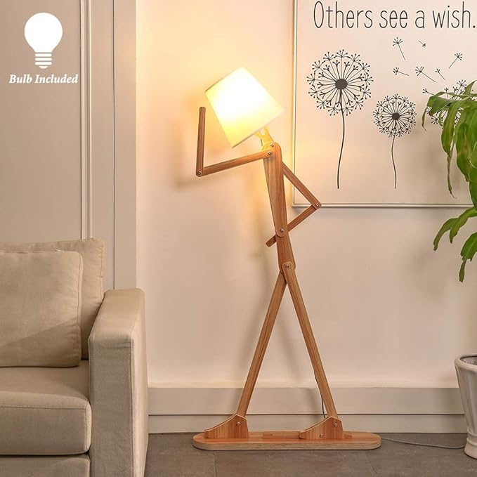 Cool Tall Floor Lamp for Living Room Bedroom Farmhouse - Corner Decorative Reading Standing Light Wood Creative Swing Arm Arc Design Gift for Kids/Boys/Girls Bedside - with LED Bulb (Ash)