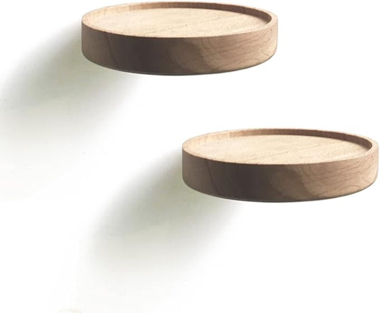 Coracle Floating Shelf Wood Round Wall Mounted Showcase Wall Shelf Hanging Planter Storage Wooden Shelf for Plants Photo Candle Invisible Wall Decoration Design Set of 2 (Diameter Ø4.7 inch)