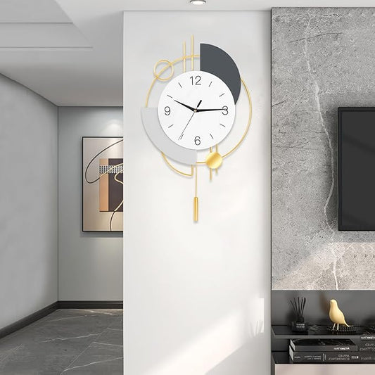 Wall Clock, Silent Quality Quartz Battery Operated with Pendulum, Large Wall Clock for Living Room Kitchen Home Bathroom Bedroom Wall Decor,13x21.65inch,Golden