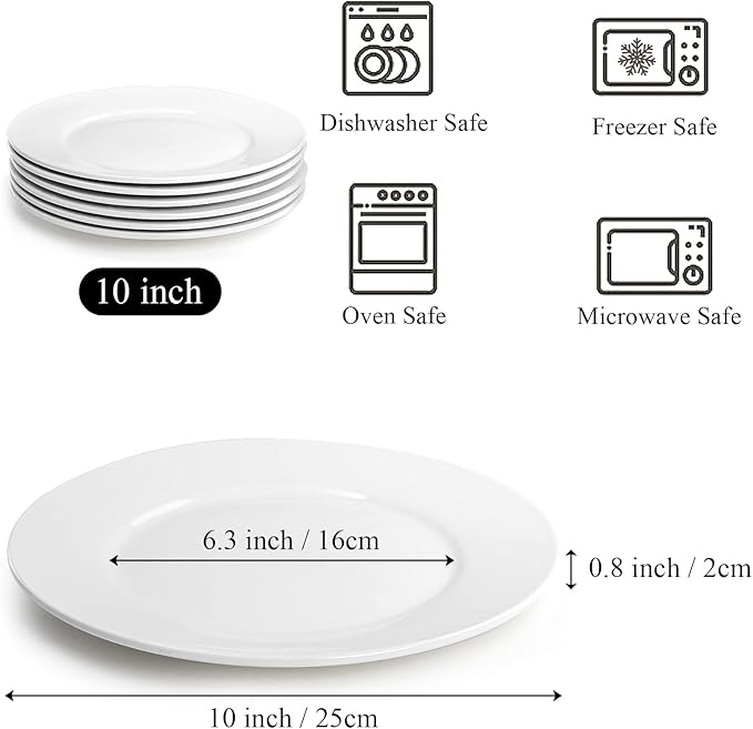 Foraineam White Dinner Plates Set, 10 Inch Porcelain Dessert Salad Plate, Catering Round Serving Dishes Dinnerware Sets, Microwave, Oven, and Dishwasher Safe, Set of 6