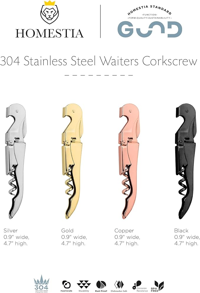 Homestia Waiters Corkscrew 3-in-1 Star Pattern 304 Stainless Steel Double Hinged Wine Key with Foil Cutter and Pullscrew Bottle Opener for Beer and Wine (Rose Gold)