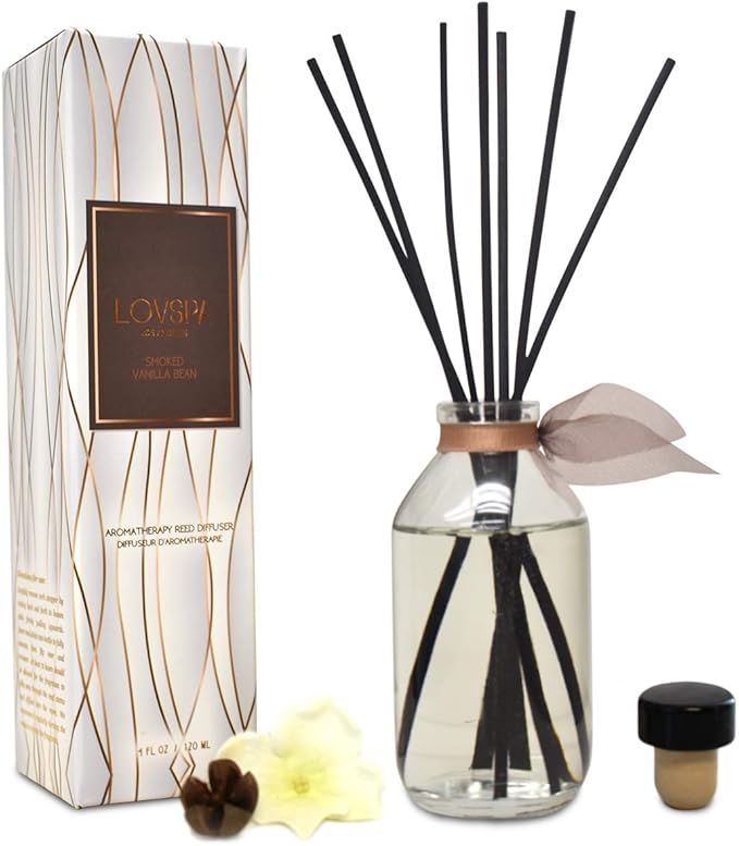 LOVSPA Smoked Vanilla Bean Reed Diffuser Set - Scented Stick Room Freshener Warm, Sultry Blend of Smoked Tahitian Vanilla, Sandalwood, Leather & Southern Bourbon - Made in The USA