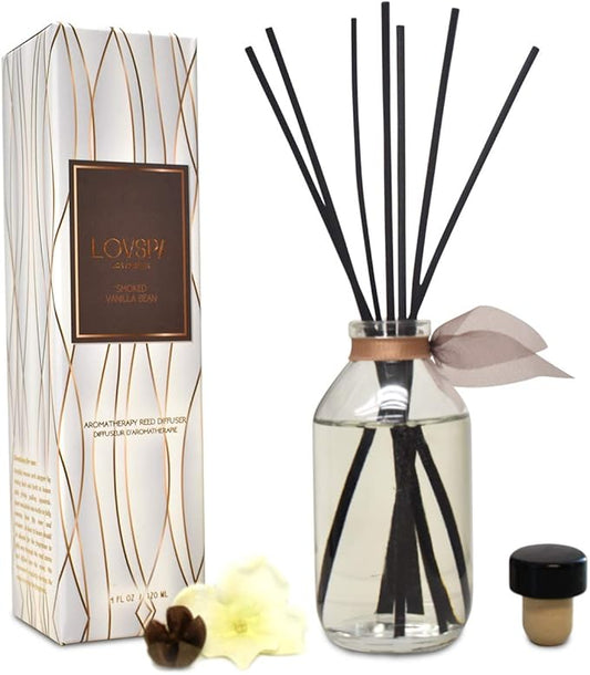 LOVSPA Smoked Vanilla Bean Reed Diffuser Set - Scented Stick Room Freshener Warm, Sultry Blend of Smoked Tahitian Vanilla, Sandalwood, Leather & Southern Bourbon - Made in The USA