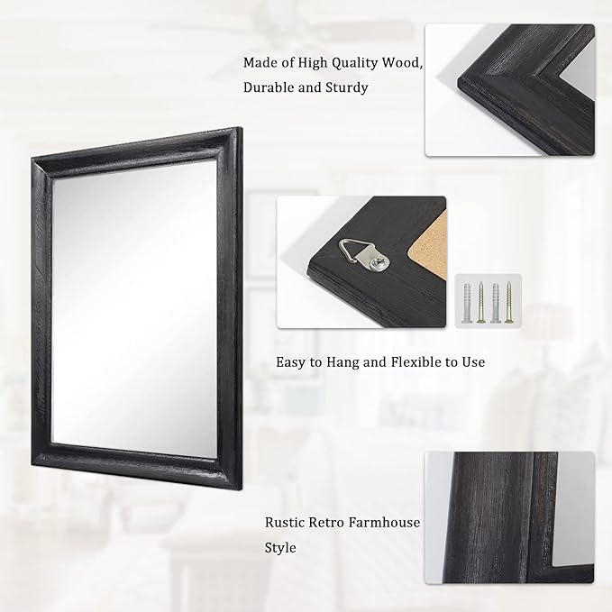Black Mirrors for Wall Rustic Wood Mirror Farmhouse Rectangular Hanging Mirror for Bathroom Bedroom Living Room Hallway Entryway Home Decor