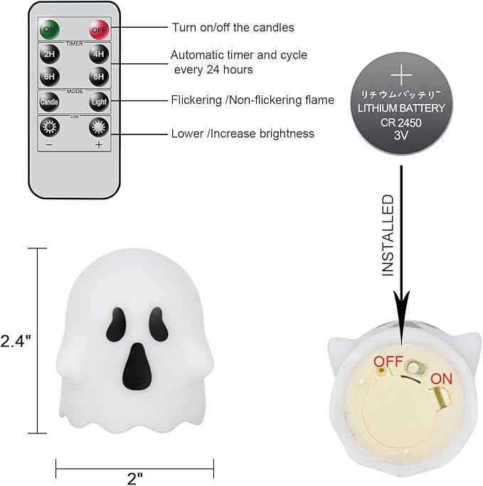 DRomance Ghost Flickering Flameless Candles Battery Operated with Remote and Timer 6 Pack Spooky White LED Tea Lights Candles Dimmable Light Halloween Indoor Decoration Gifts(2 x 2.4 Inches)