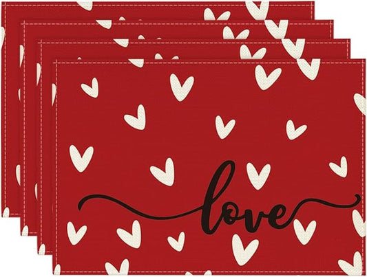 Artoid Mode Red Love Hearts Placemats Set of 4, 12x18 Inch Seasonal Anniversary Holiday Table Mats for Party Kitchen Dining Decoration