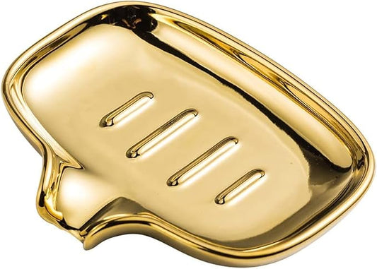 Multi-Color Ceramic Soap Dish for Kitchen or Bathroom, Easy to Clean, Self Draining Soap Holder, Keeps Soap Dry (Gold)
