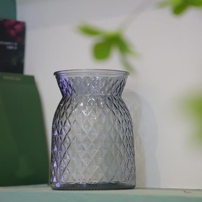 OFFIDIX Glass Vase, 6.5 * 4.5in Large Mouth Shape Geometric Faceted Design Flower Vase for Weddings,Events,Decorating,Office,Home Decor