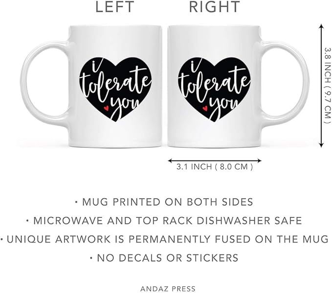 Andaz Press Valentine’s Day Funny 11oz. His Her Couples Coffee Mug Gift, I Tolerate You, Heart Graphic, 1-Pack, Gift Box