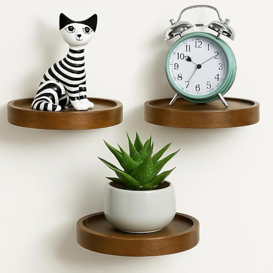 AceList 3-Pack Round Floating Shelves for Wall Decor, 6'' Diameter Acacia Wood Floating Shelf, Cup Plant Wall Shelves for Bedroom, Bedroom, Living Room, Bathroom, Kitchen, Western Decor
