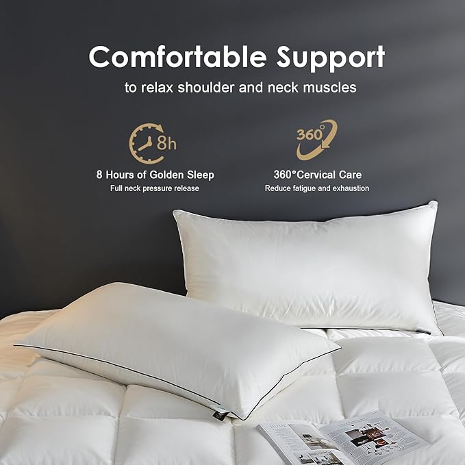 Hotel Feather Pillows Standard Size Set of 2, Hybrid Goose Down Pillow Composite with Mef tek™ Memory Foam, Firm Bed Pillows with Organic Cotton Cover (White,20"x26")
