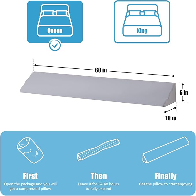 Queen Bed Wedge Pillow for Headboard, Foam Pillow Wedge for Headboard Gap, Mattress Bed Gap Filler Queen, Triangle Pillow Wedge, Anti-slip Bed Crack Pillow Space Filler Queen (60"×10"×6") Grey