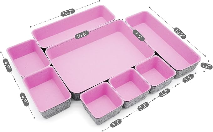Welaxy desk drawer organizers tray dividers felt storage box bin for office suppliers makeup crafts pens decluttering 8-piece back to school solution (Light pink)