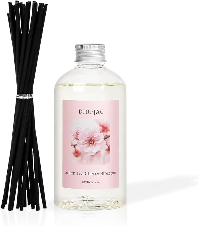 Green Tea Cherry Blossom Diffuser with 20 Black Fiber Sticks, 6.7 oz Diffusers for Home Essentials Bathroom,Last up to 60 Days（200ml
