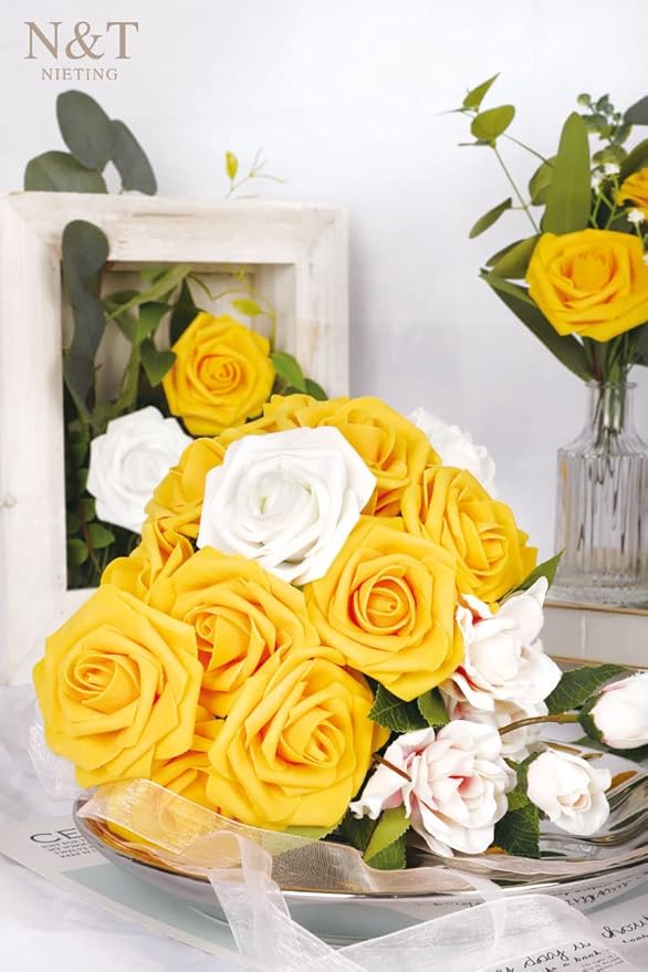 N&T NIETING Artificial Flowers, 50Pcs Fake Flowers Roses Perfect for DIY Wedding Bouquets Centerpieces Bridal Shower Party Home Flower Arrangement Decorations, Gold