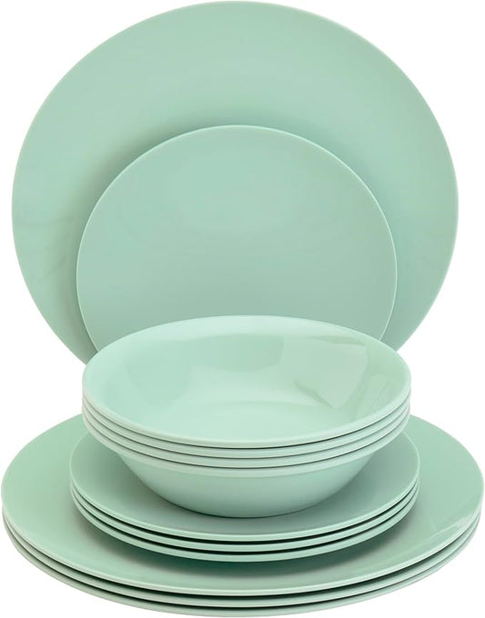 Tabletops Gallery 12 Piece Light Green Melamine Dinnerware Set Plates Bowls for Indoor Outdoor Use, Service for 4, Mint