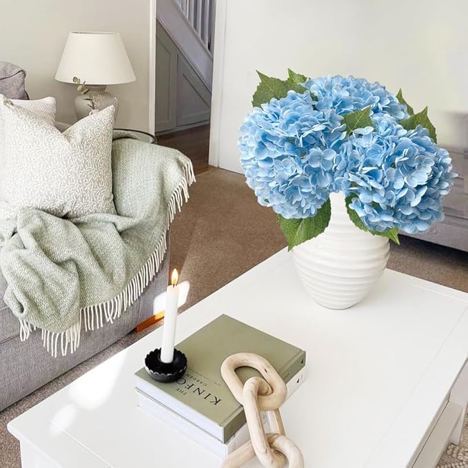 Light Blue Flowers Real Touch Artificial Hydrangeas, 3Pcs 21”Large Royal Latex Silk Flowers,Long Stems Fake Flower Bouquet for Centerpieces Table Home Party