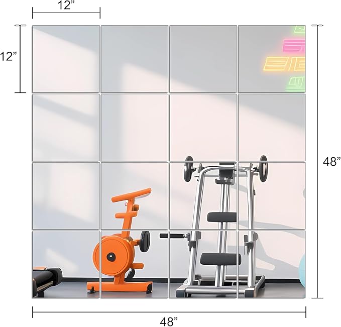 Ruomeng Home Gym Mirrors 12" x 12" x 16Pcs Wall Mounted Mirror Glass Frameless Full Length Mirror Tiles for Home Gym, Bedroom, Door & Bathroom