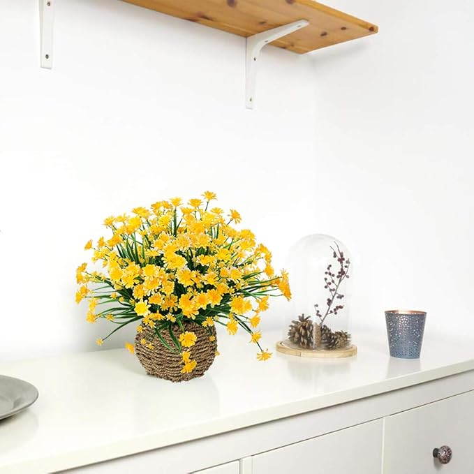 8 Bundles Artificial Daisies Flowers Outdoor UV Resistant Fake Foliage Greenery Faux Plants Shrubs Plastic Bushes for Window Box Hanging Planter Farmhouse Indoor Outside Decor(Yellow)