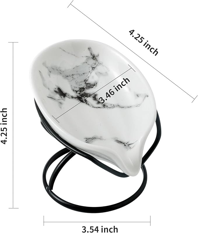 Leaf-Shaped Soap Dish – Ceramic Soap Bar Holder with Self-Drainage System – Bar Soap Holder for Shower, Bathroom Sink, Kitchen – Soap Dish with Stainless Steel Stand (White-Black-2 Pack)