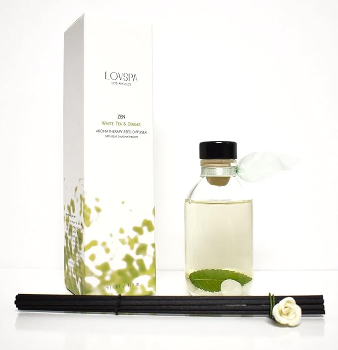 LOVSPA Zen White Tea & Ginger Reed Diffuser Set - Citrus, Geranium & Sandalwood Scent Diffuser - Non-Toxic Oil Reed Diffuser - Made in The USA