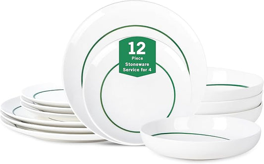 Stone Lain Luna 12-Piece Porcelain Dinnerware Set, Plates and Bowls Set, Dish Set for 4, Green