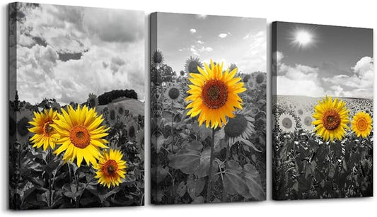 Large size Canvas Wall Art for Living Room family Bedroom wall painting Decoration,Bathroom Wall Decor kitchen Home Decoration Black and white sunflower flowerswall pictures artwork,16x24 3 piece