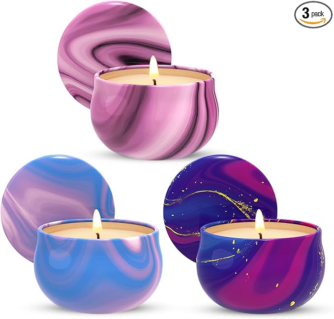 3 Packs Lemon, Sage and Peony&Cherry Blossom Scented Candles Christmas Gift Set to Women, Small 2.5oz Natural Soy Wax Stress Relief Aromatherapy Candles in Decorative Metal Tin for Home