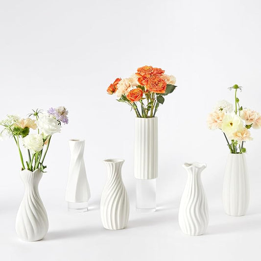 6 Pack Ceramic Bud Vases Set | 7" Roman Column-Inspired White Ceramic Vases with Textured Finish | Boho Modern Mini Vases for Home Decor, Fresh/Dried Flowers Centerpiece, Living Room Table Ornament