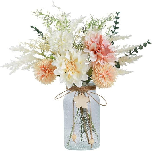 Silk Flowers with Vase, Artificial Flowers Arrangement with Glass Vase Faux Dahlia for Decoration Table Centerpiece (Dahlia White Pink)