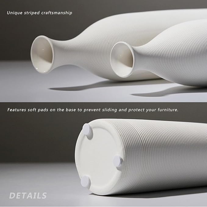 10 Inch White Ceramic Flower Vase, Textured Ribbed Minimalist Decorative Modern Vase for Pampas Grass, Table, Bookshelf, Mantel, and Entryway Home Decor