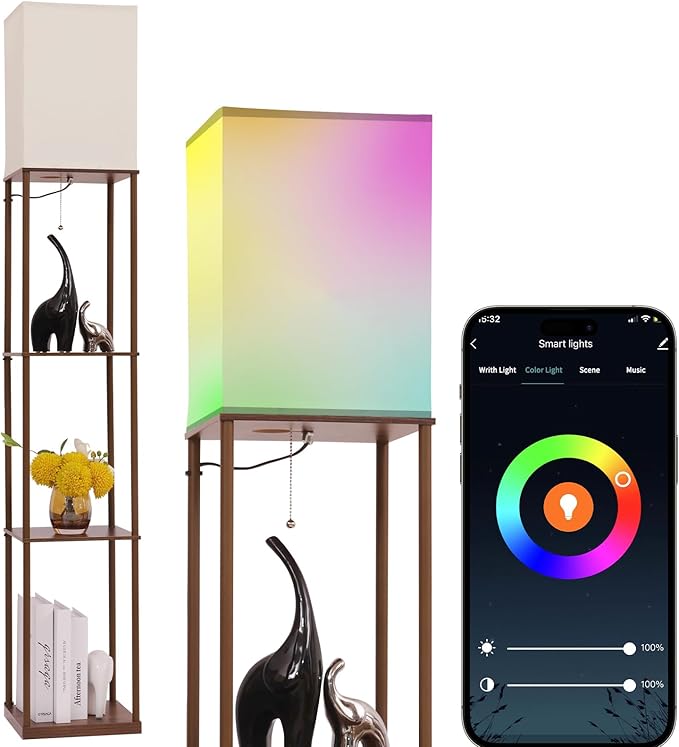 Floor Lamp with Shelves, with Modern Square Standing Lamp with Smart APP Control RGB Bulb, Corner Display Bookshelf Lamp for Living Room, Bedroom and Office(brown-9RGB)