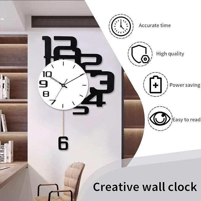 Decorative Wall Clocks with Pendulum, Battery Operated Silent Non-Ticking, Large Wall Clock for Living Room Bedroom Office Kitchen Home Decor,13x20inch
