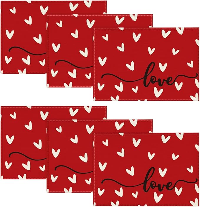 Artoid Mode Red Love Placemats Set of 6, 12x18 Inch Seasonal Anniversary Holiday Table Mats for Party Kitchen Dining Decoration