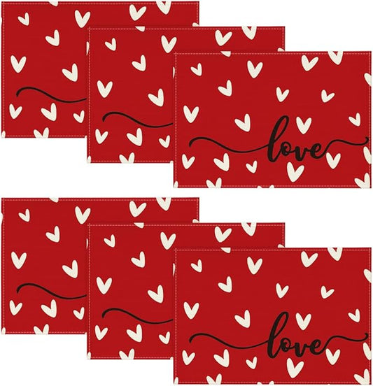 Artoid Mode Red Love Placemats Set of 6, 12x18 Inch Seasonal Anniversary Holiday Table Mats for Party Kitchen Dining Decoration