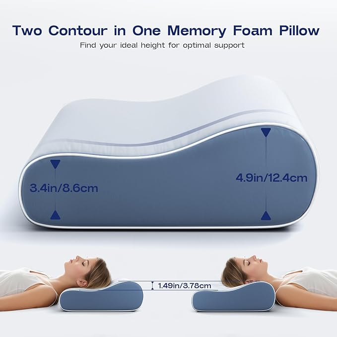 Cooling Cervical Neck Pillow for Sleeping - Contoured Memory Foam Pillow with 2 Heights - Ergonomic Sleep Pillow for Side Sleepers, Back Sleeping, Stomach Sleepers (Light Steel Blue)