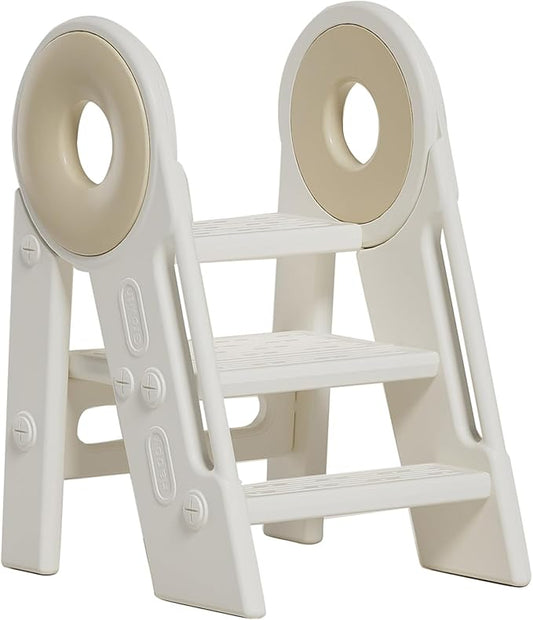 Step Stool for Kids Toddler, Adjustable 3 Folding, Learning Helper Stool for Bathroom Sink Toilet Potty Kitchen Counter with Handles and Non-Slip Pads(Khaki)