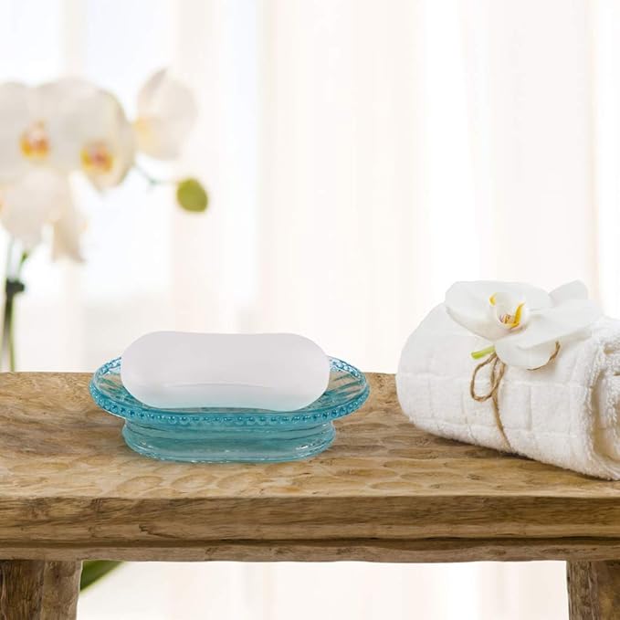 MDLUU Glass Soap Dish, Embossed Bar Soap Holder, Decorative Soap Saver Tray, Vintage Bar Soap Dish for Shower, Bathtub, Bathroom Sink, Kitchen Sink, Pack of 2 (Blue)