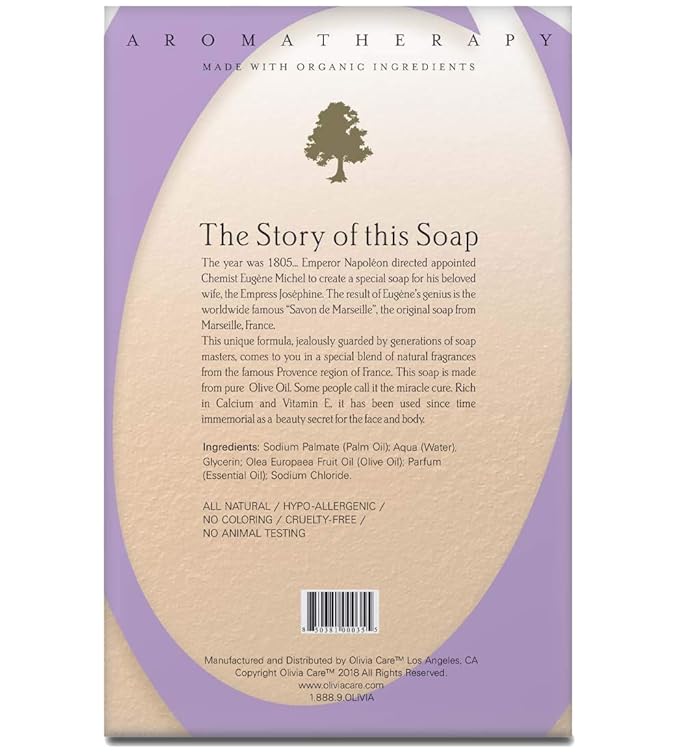 Olivia Care Lavender Bar Soap-4 pack box set - 100% Natural Ingredients, Organic, Vegan - For Face & Body, Cold-pressed Triple-Milled, Hydrating, Moisturizing, Infused Calcium & Vitamins - 4 X 5 oz